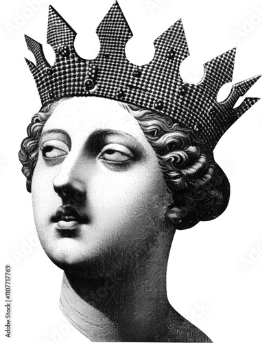 Statue Queen with a crown collage element on transparent background, Retro girl grunge y2k photocopy, Queen girl the queen rolled her eyes comically bitmap collage