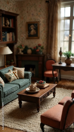 Miniature living room with wool tables, dollhouse style.