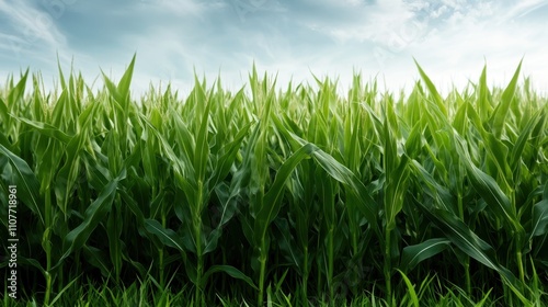 Endless rows of corn in a lush field under an expansive sky, showcasing agricultural richness and the promise of a bountiful harvest, embodying hope and prosperity. photo