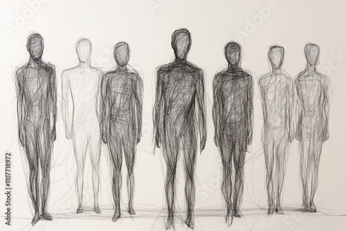 A lineup of seven darkly shaded human figures sketched in a minimalist style, emphasizing depth and concentration within a loosely defined group composition. photo