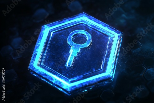 A hexagonal blue icon that represents an access key photo