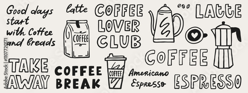 Coffee lover club doodle graphic elements. Hand drawn vector set. Cafe menu design vector elements. Coffee lettering quotes.