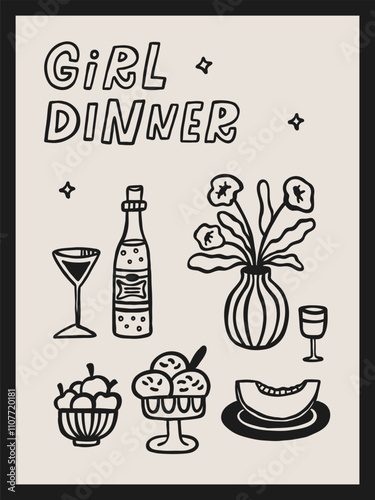 Girl dinner interior poster 3x4. Vector inspirational hand drawn illustration with lettering quote. Food and drink print.