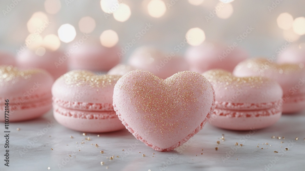 Cute pink heart-shaped macarons with delicate gold dust on top, arranged on a marble countertop with a soft-focus background
Cute pink heart-shaped macarons with delicate gold dust on top, arranged on a marble countertop with a soft-focus background