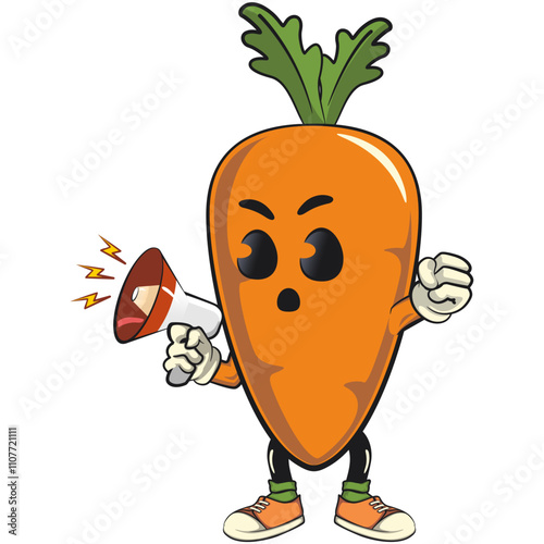 cute cartoon carrot character with cheerful face and leaf shouting with a loudspeaker, happy orange carrot mascot friendly expression, cartoon food, work of hand drawn