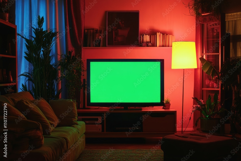 Old antique tube television with green screen in the living room Old antique tube television with green screen in the living room