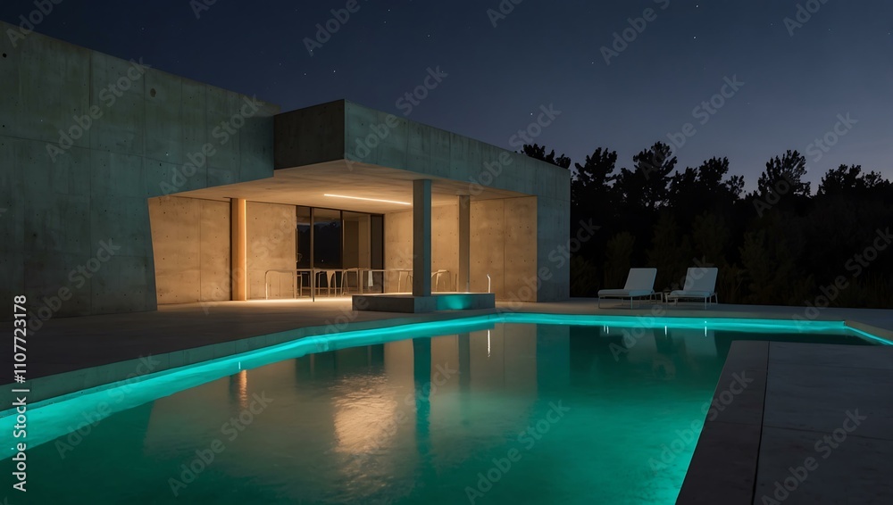 Fototapeta premium Minimalist concrete architecture with neon lighting and a pool.