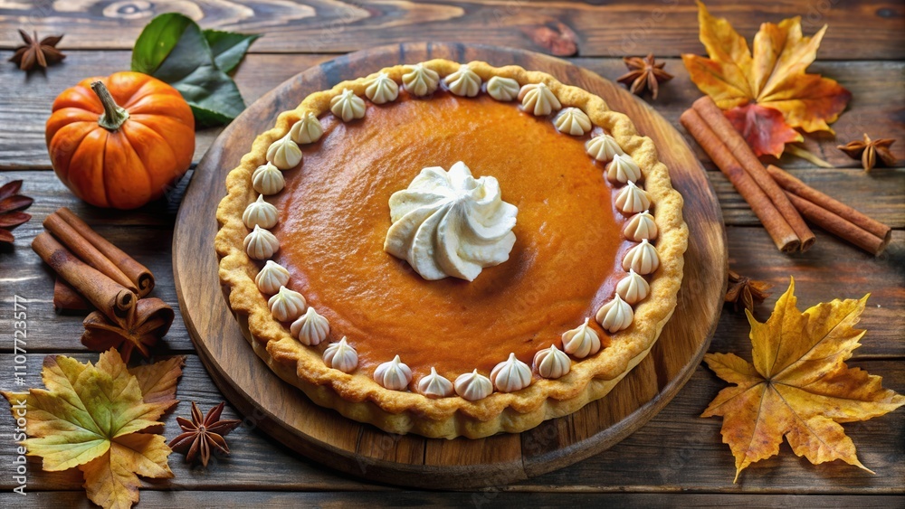 A classic pumpkin pie with a fluffy meringue topping, surrounded by autumn leaves, cinnamon sticks, and star anise, creating a festive and cozy atmosphere. A classic pumpkin pie with a fluffy meringue topping, surrounded by autumn leaves, cinnamon sticks, and star anise, creating a festive and cozy atmosphere.