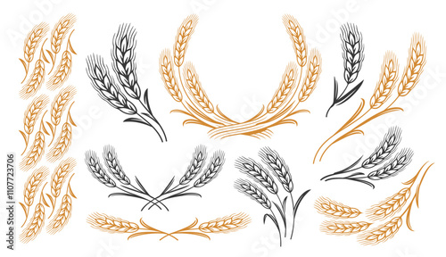 Wheat ears of grain collection of symbols. Set of decorative elements for label or packaging design
