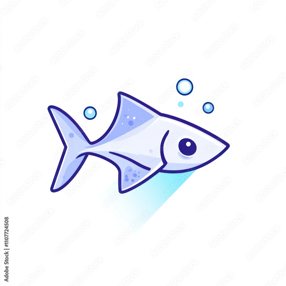 Fototapeta premium Cute cartoon light blue fish swimming underwater with bubbles.