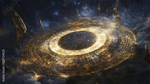 Giant golden astrolabe floating in space with nebulae and stars