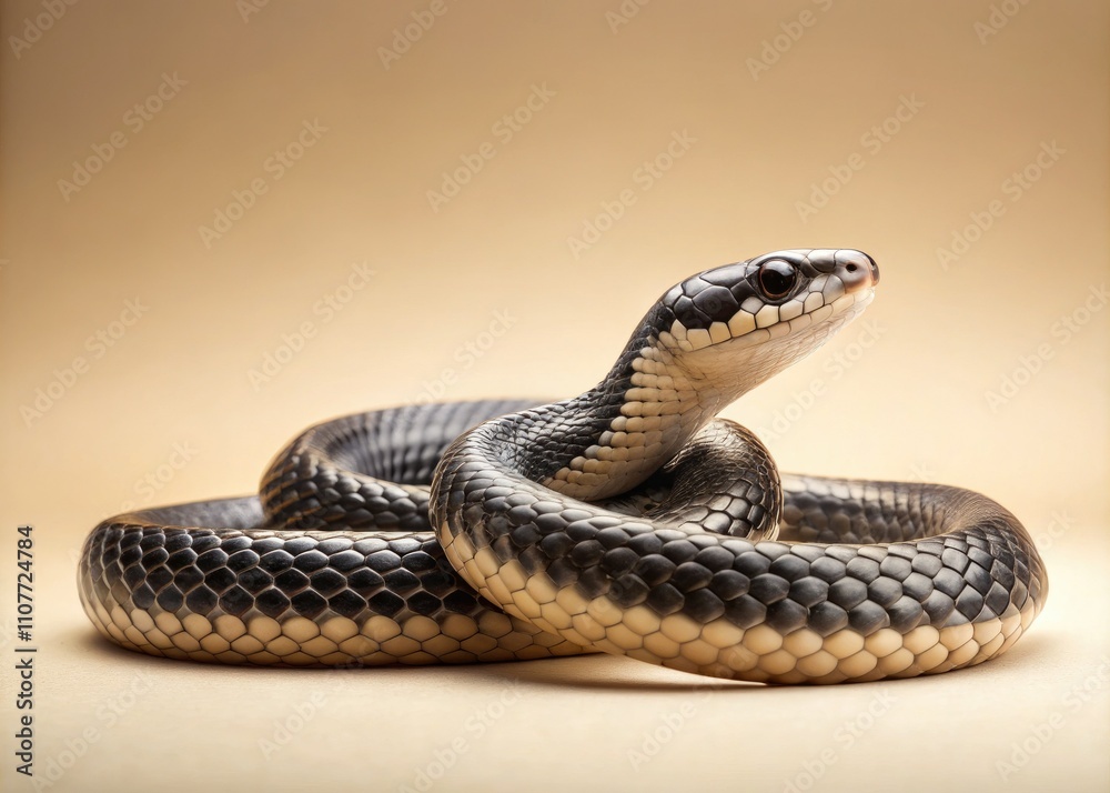 Fototapeta premium Minimalist Black & Cream Snake Illustration: Elegant Reptile, Smooth Scales, Graceful Coil, Light Background