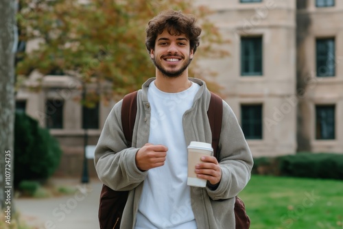 Smiling Young Man with Coffee Wearing Backpack Outside University Campus on Autumn Day