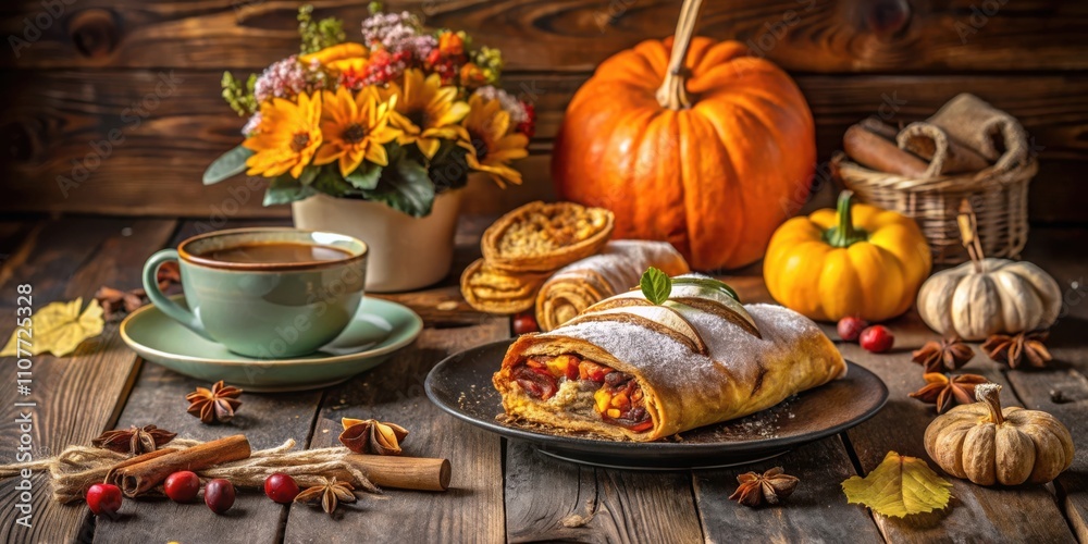 A warm, autumnal table setting with a delicious strudel, a cup of coffee, and a variety of pumpkins and fall foliage. A warm, autumnal table setting with a delicious strudel, a cup of coffee, and a variety of pumpkins and fall foliage.