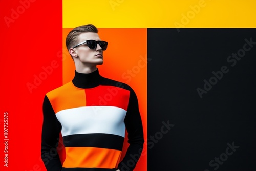 Stylish Man in Sunglasses Posing Against Bright Geometric Background Reflecting Bold Fashion Trends
