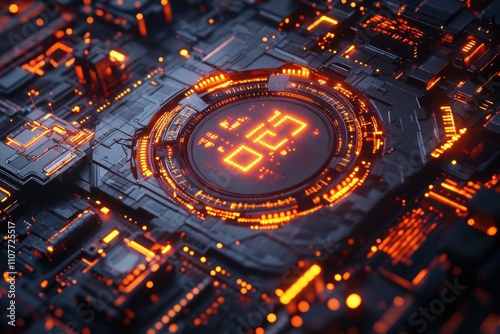 Futuristic digital clock interface with glowing orange numbers on a circuit board.