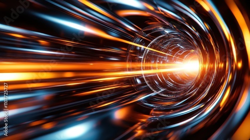 Luminescent orange and blue lights blur in a tunnel-like formation, exuding a sense of speed, energy, and the limitless potential of digital realms. photo