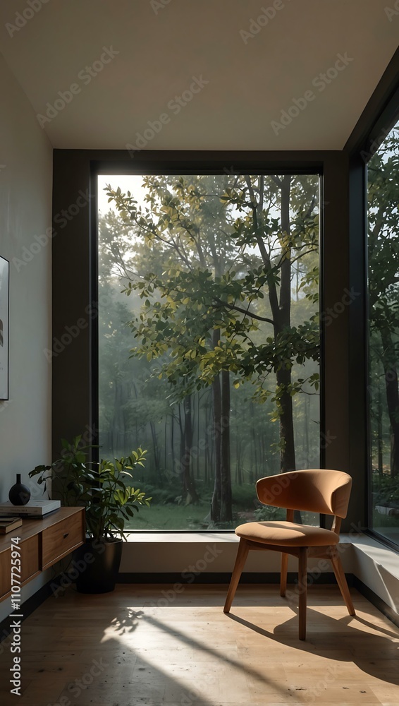 Fototapeta premium Minimalist interior with a single chair and a bright window.