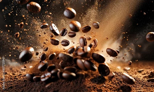 Exploding Coffee Beans and Ground Coffee in Mid-Air photo