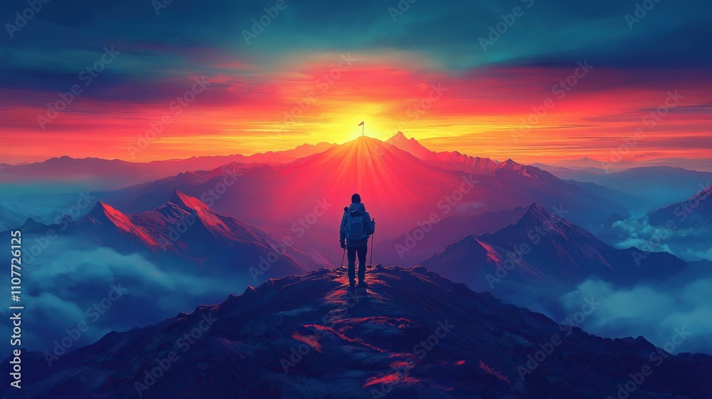 Fototapeta premium Hiker Ascending to the Mountain Summit to a Flag