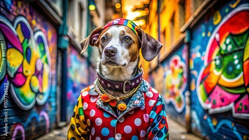 Fashion Photography Featuring a Stylish Dotson Mix in a Trendy Urban Setting, Showcasing Vibrant Outfits and Accessories, Perfect for Pet Fashion Lovers and Enthusiasts photo