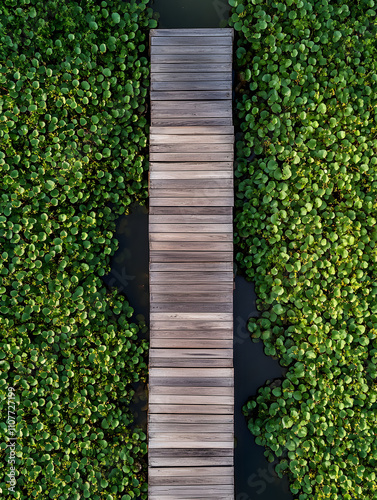 Wooden walkway, bridge or jetty over water hyacinth or water plants from top down aerial view on sunny day photo