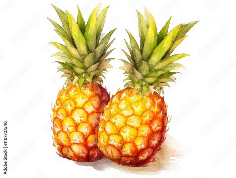 Fototapeta premium Watercolor Whole Pineapple Isolated, Aquarelle Ananas, Comosus, Creative Watercolor Tropical Fruit