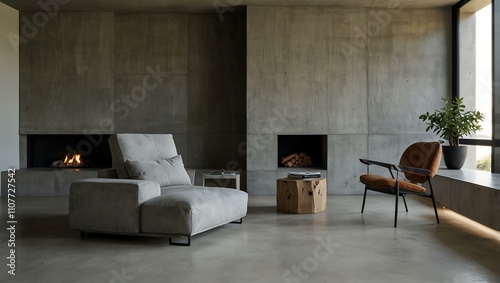 Minimalist living room with concrete armchair.