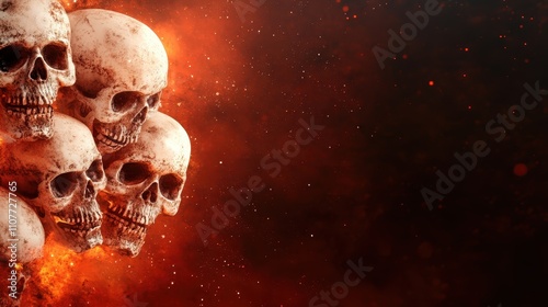 A group of four skulls positioned against a backdrop of fiery orange tones, evoking a sense of mystery and intensity with sparks and smoke swirling around. photo