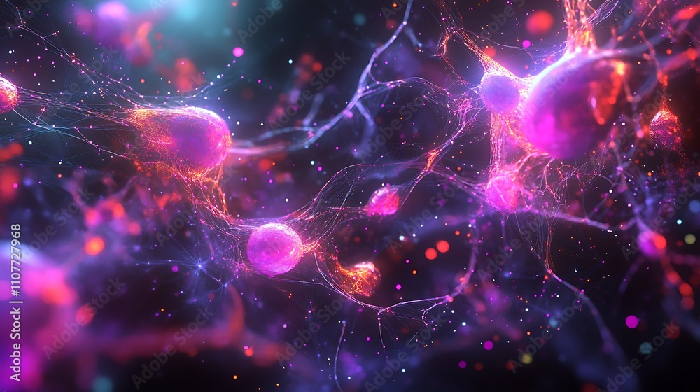 Obraz premium Network visualization with glowing nodes and vibrant flowing pathways