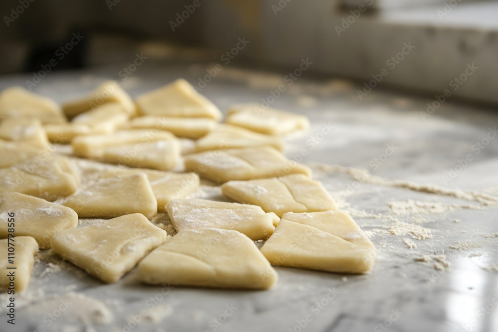 Freshly Cut Dough on a Marble Surface Bathed in Natural Light, Highlighting the Texture and Shape of Each Piece in a Cozy Kitchen Setting Freshly Cut Dough on a Marble Surface Bathed in Natural Light, Highlighting the Texture and Shape of Each Piece in a Cozy Kitchen Setting