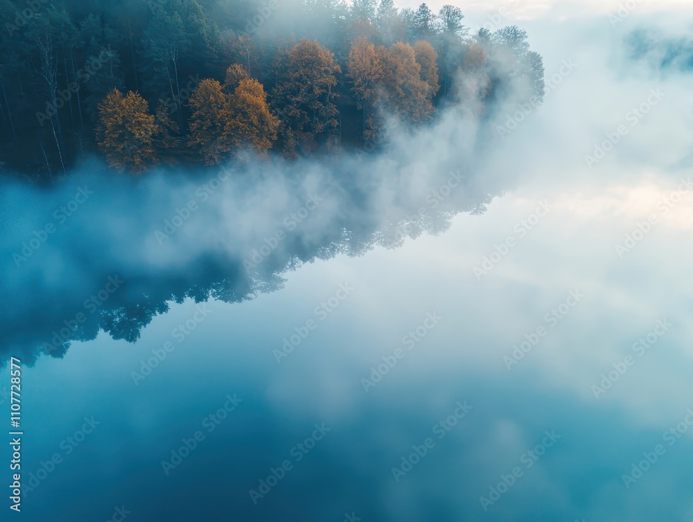 Fototapeta premium A serene landscape featuring fog over a lake, with autumn trees reflecting in calm waters, creating a peaceful and atmospheric scene.