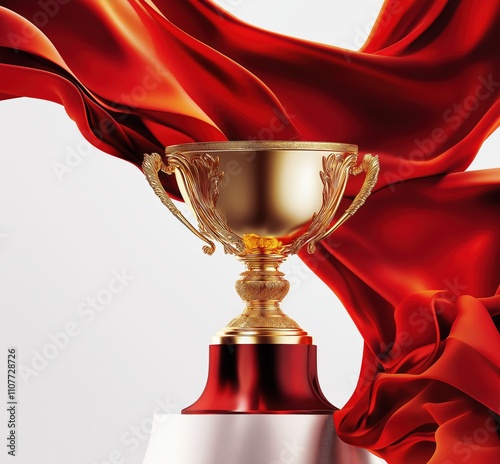 Golden trophy with flowing red silk fabric on a white background photo