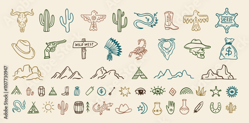 Wild west cowboy doodle icon set. Hand drawn boho signs collection. Aztec southwestern elements set.