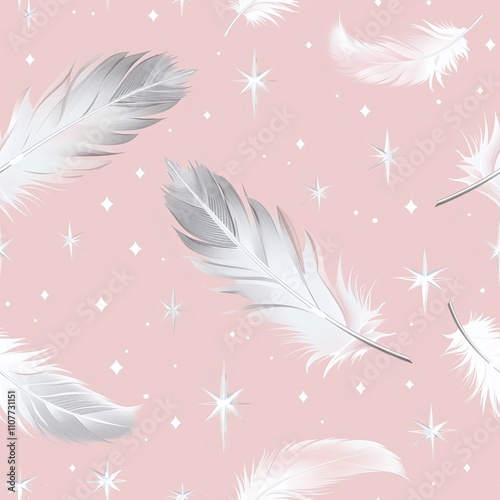 Delicate feathers and golden stars on a soft pink background create an enchanting ambiance.