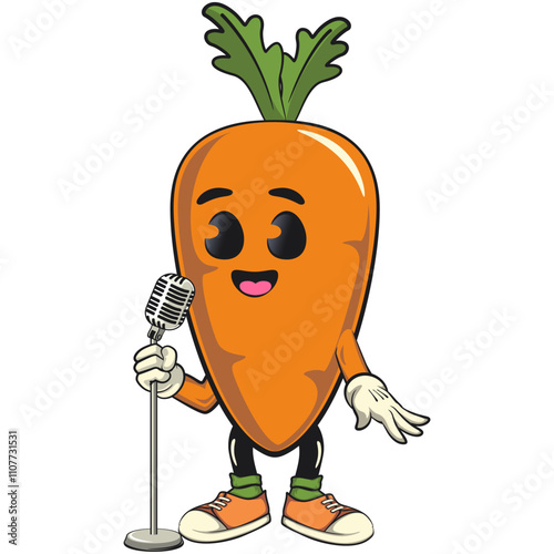 cute cartoon carrot character with cheerful face and leaf on front of the mic become a stand up comedian, happy orange carrot mascot friendly expression, cartoon food, work of hand drawn