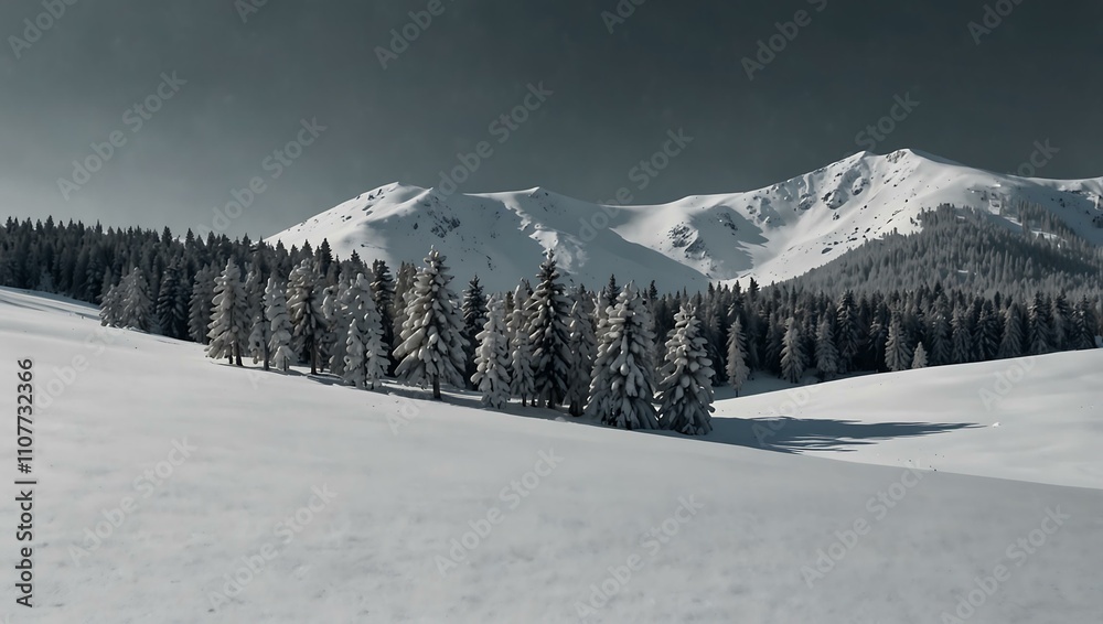 Fototapeta premium Minimalist winter scene with snowy trees and hills.