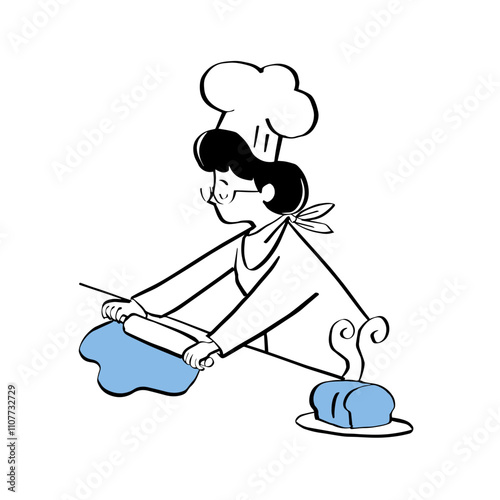 Baking, Girl Chef Kneading Bread Dough. Clean Notion Style Illustration