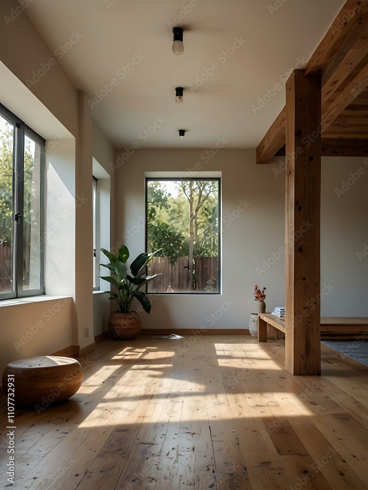 Fototapeta premium Minimalist yoga studio with natural light and wooden accents.
