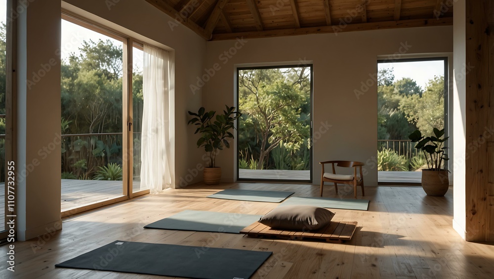 Fototapeta premium Minimalist yoga studio with natural light, wooden platform, and cushions.