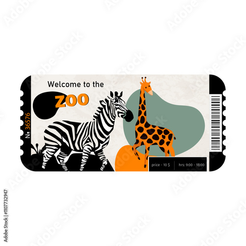 Zoo Ticket. Zebra and Giraffe