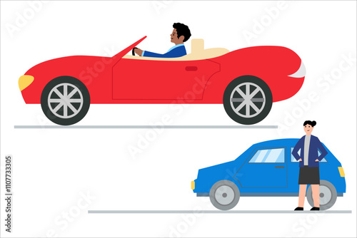 Cheap and expensive car, income comparison. A woman with a cheap car, a dark-skinned man in an expensive car. Vector simple color flat illustration.