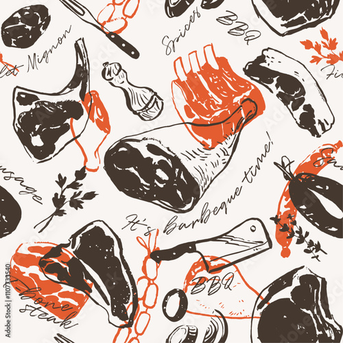 Seamless pattern with silhouette drawings of meat cuts, wrapping paper design for butcher shop, barbeque restaurant menu template