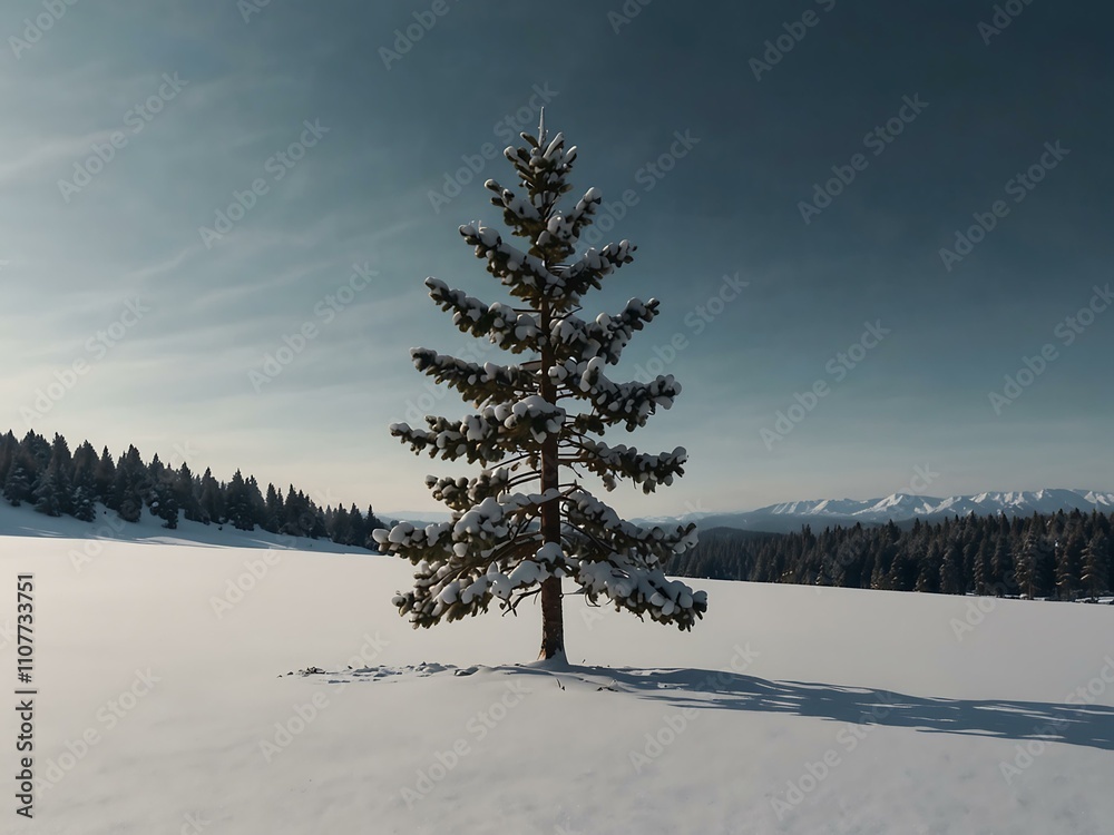 Fototapeta premium Minimalistic winter landscape with a snow-covered pine tree.