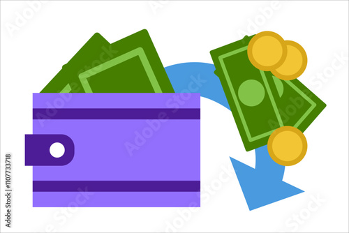 Spending money, payment. Wallet with money and an arrow. Vector simple color flat illustration.