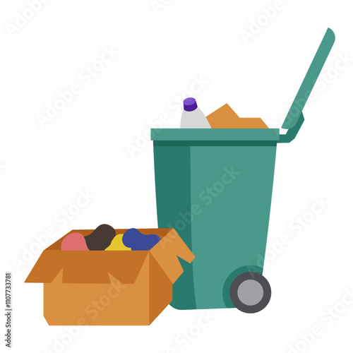 Garbage can, box with junk. Waste. Vector simple color flat illustration.