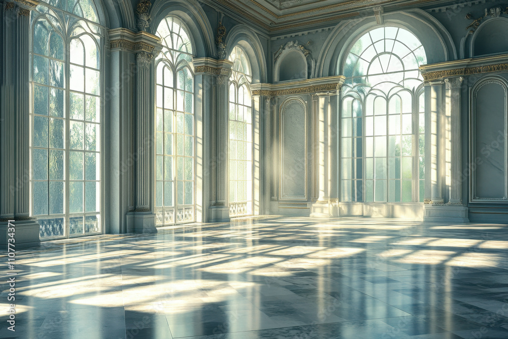 Fototapeta premium A spacious, sunlit interior with large windows and elegant architectural details.