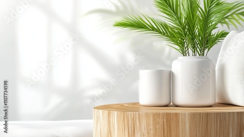 A simple yet elegant arrangement of potted plants and a white mug on a wooden table evokes a sense of calm and natural beauty, idealizing an innate connection to nature. photo