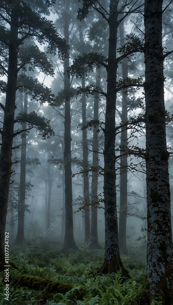 Obraz premium Misty forest at dawn with ethereal trees.