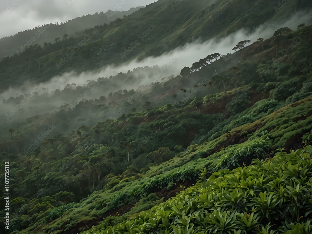 Obraz premium Misty green hills leading to Mamalahoa Forest, Oahu.